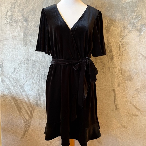 Velvet Dark Romantic Evening Occasion Ruched Ruffle Midi Dress Sz M - Picture 1 of 9